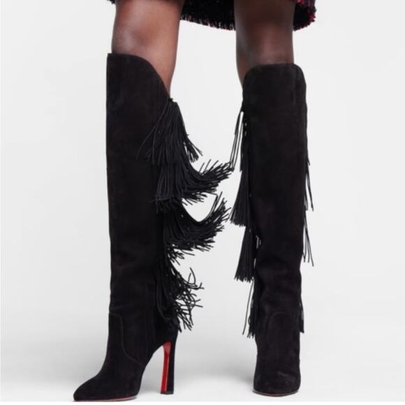 Christian Louboutin Boot Lionne Knee High Suede Fringe Boots EU 37 - Picture 2 of 13